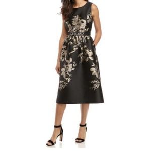 Donna Ricco Floral Jacquard Fit and Flare Midi Dress Size 10 Black Cream/Gold